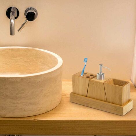 MIHIRO Set Di 4 Accessori Da Bagno In Legno Di Noce: Dispenser Sapone, Portaspazzolino, Bicchiere E Portasapone – 100% Legno Massello, Impermeabile E Resistente - 4
