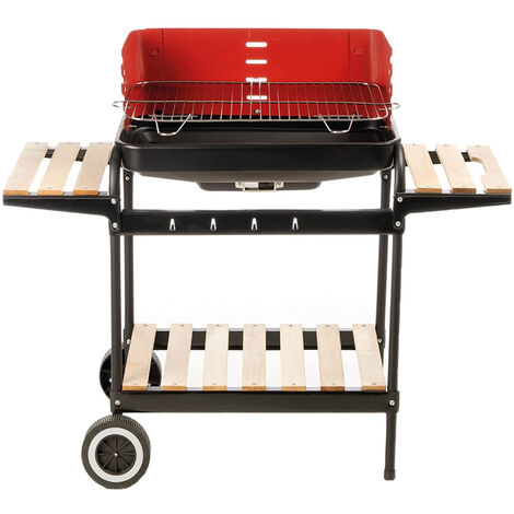 Barbecue Trolley a Carbonella In Metallo e Legno BBQ Braciere Portatile Ripiani