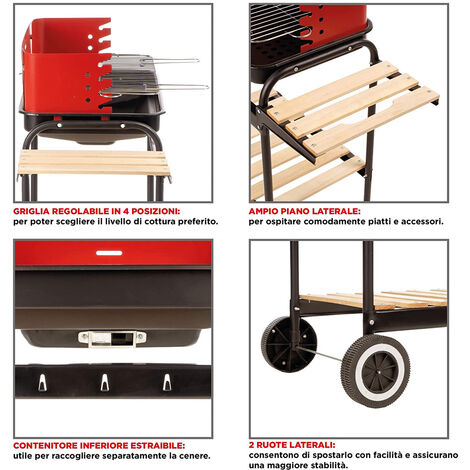 Barbecue Trolley a Carbonella In Metallo e Legno BBQ Braciere Portatile Ripiani