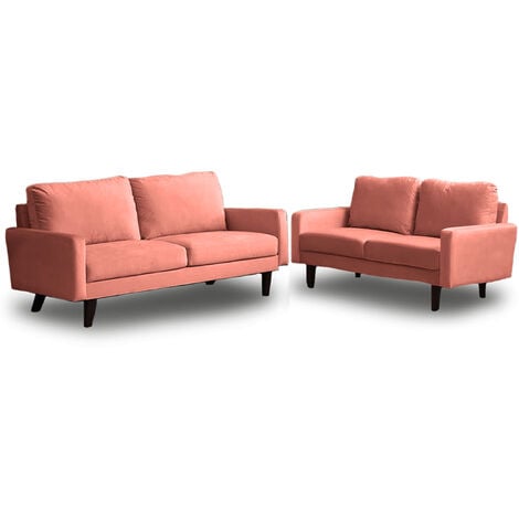Set 2 Divani in Lino Divano e Divanetto per Salotto con Gambe di Legno Corallo