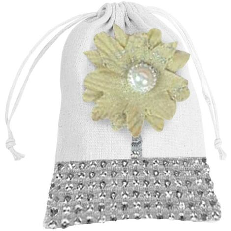 Set 24 Sacchetti in Tessuto Bianco con Fiore Strass Brillantini e