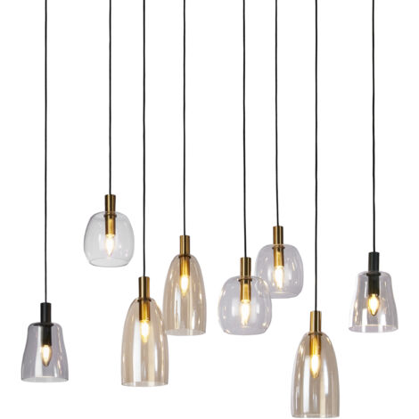 Suspension Multi Drop DIVINE 8L -noir mat, laiton satiné, verres panachés ambrés fumés E14 8x60w Max Longueur 120cm, Haut 1m40 (1/4)