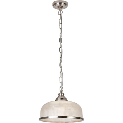 Suspension BISTRO II 1L Métal argent satiné, verre creux soufflé style Holophane E27 60w diamètre 27cm (1/3)