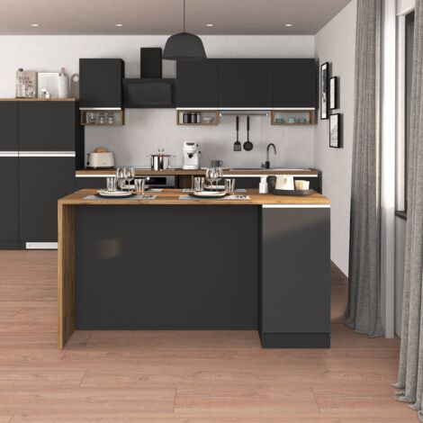 WHOUS Isola Cucina SOLE con 2 ante, tavolo da pranzo e piano di lavoro, ideale per open space e spazi ridotti, 160x90x90 cm, antracite opaco e rovere