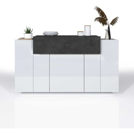 WHOUS - Credenza CORONA per Soggiorno LxH 140x85 cm Doppia Profondità - Madia Soggiorno Moderna con 3 ante e 1 a Ribalta - Credenza Bianco lucido/Ardesia