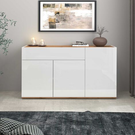 WHOUS Credenza Garda 3 ante e 1 cassetto bianco lucido e rovere 120,1x35x70 cm
