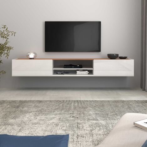 WHOUS Mobile porta tv Garda 2 ante e 1 ripiano centrale bianco lucido e rovere 210x35x30 cm