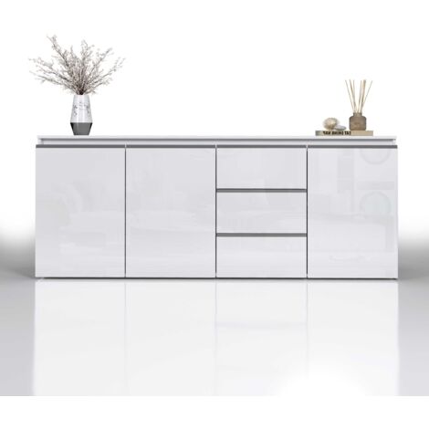 WHOUS - Credenza MAGIC per Soggiorno 200x40x85 cm - Madia Soggiorno Moderna con 3 Ante e 3 Cassetti - Credenza in Legno Riciclato - Bianco Laccato Lucido