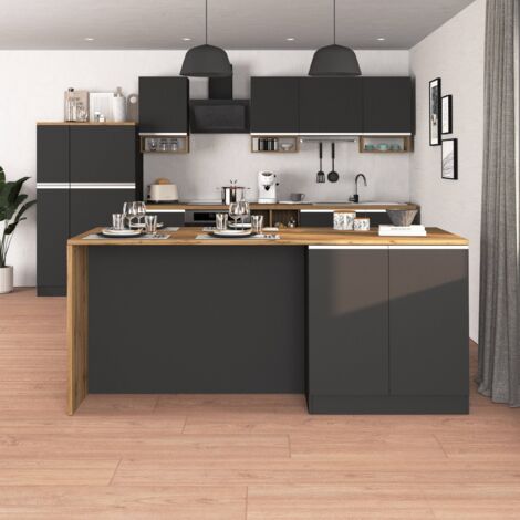 WHOUS Isola Cucina SOLE con 4 ante, tavolo da pranzo e piano di lavoro, ideale per open space e spazi ridotti, 200x90x90 cm, antracite opaco e rovere