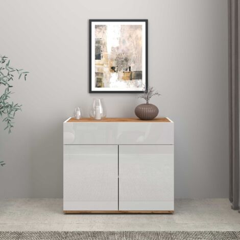 WHOUS Credenza Garda 2 ante e 1 cassetto bianco lucido e rovere 80,9x35x70 cm