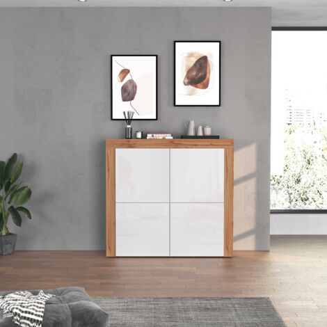 WHOUS Madia Chronos a 4 ante bianco lucido e rovere 140x40x130 cm (1/5)