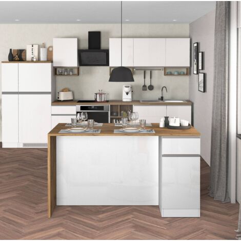 WHOUS Isola Cucina SOLE con 2 ante e 2 cassetti, tavolo da pranzo e piano di lavoro, ideale per open space e spazi ridotti, 160x90x90 cm, bianco lucido e rovere