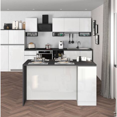WHOUS Isola Cucina SOLE con 2 ante, tavolo da pranzo e piano di lavoro, ideale per open space e spazi ridotti, 160x90x90 cm, bianco lucido e report