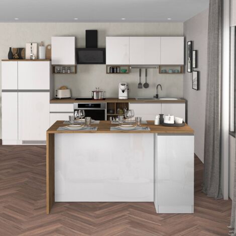 WHOUS Isola Cucina SOLE con 2 ante, tavolo da pranzo e piano di lavoro, ideale per open space e spazi ridotti, 160x90x90 cm, bianco lucido e rovere