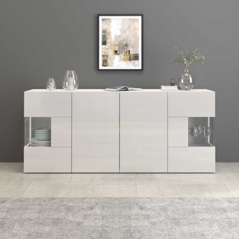 WHOUS Credenza Egypt a 4 ante con inserti in vetro espositivi bianco lucido 180x40x80 cm