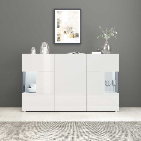 WHOUS Credenza Egypt a 3 ante con inserti in vetro espositivi bianco lucido 135x40x80 cm