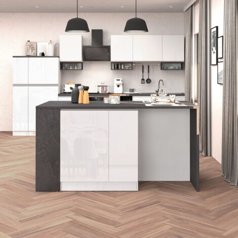WHOUS Isola da Cucina Effetto Legno Bianco Lucido/Report 168x90x91 cm