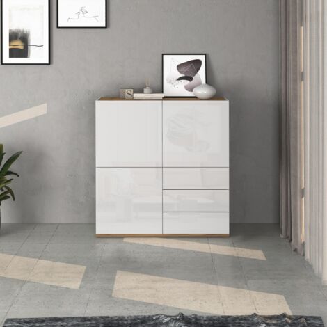 WHOUS Credenza Garda a 3 ante e 3 cassetti bianco lucido e rovere 102x35x110 cm