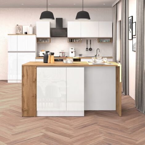 WHOUS Isola da Cucina Effetto Legno Bianco Lucido/Rovere 168x90x91 cm