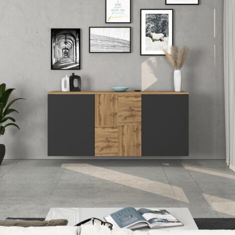 WHOUS Credenza sospesa Iseo con 3 ante e 6 scomparti interni antracite opaco e rovere 150x35x70 cm