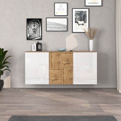 WHOUS Credenza sospesa Iseo con 3 ante e 6 scomparti interni bianco lucido e rovere 150x35x70 cm