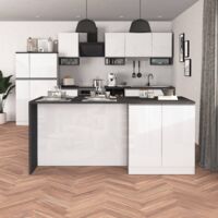 WHOUS Isola Cucina SOLE con 4 ante, tavolo da pranzo e piano di lavoro, ideale per open space e spazi ridotti, 200x90x90 cm, bianco lucido e report