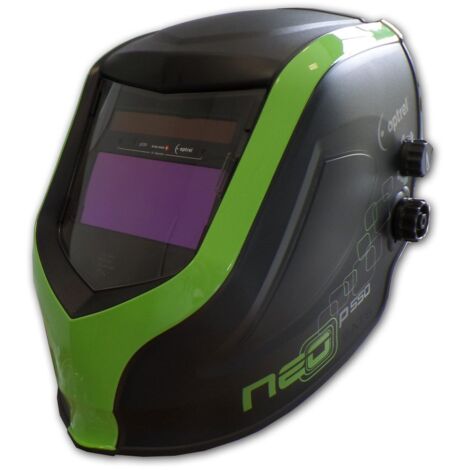 Masque anti-soudure P550 vert – Protection 9-13 – Temps de réaction 0,1 ms – Champ de vue 50 x 100 mm – Poids 495 g – Alimentation solaire – Optrel