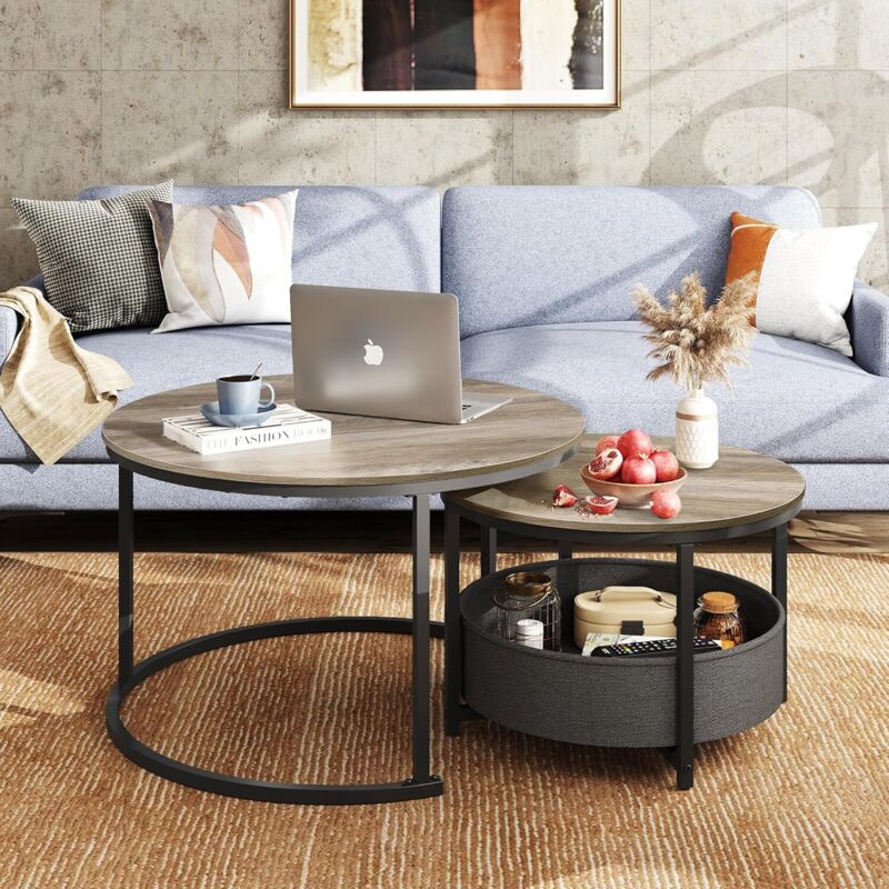 Table Basse Ronde Avec Panier Rangement - Noir Et Gris, 60 Cm De Diamètre, Multifonction Salon/chambre