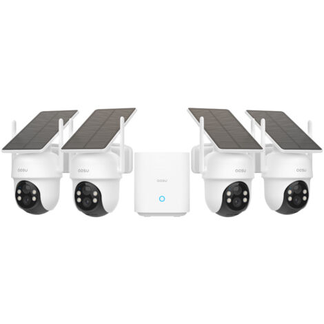 AOSU 2K Überwachungskamera Aussen Akku Solar, 4er Kameraset mit HomeBase, Keine Gebühren, 360° Panorama, WLAN Kamera 32GB Lokaler Speicher, Automatische Verfolgung, Farb-Nachtsicht, 2 Wege Audio