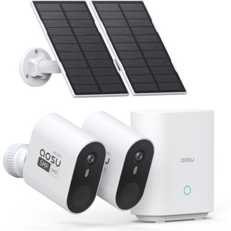 AOSU 3K Überwachungskamera Aussen Solar Akku Set, 5MP 2er Kamera Outdoor WLAN Überwachungs Außen Schärfer als 2K, Ohne ABO, 32G Lokale Homebase, Farb-Nachtsicht, Aussenkamera, Automatische Verfolgung