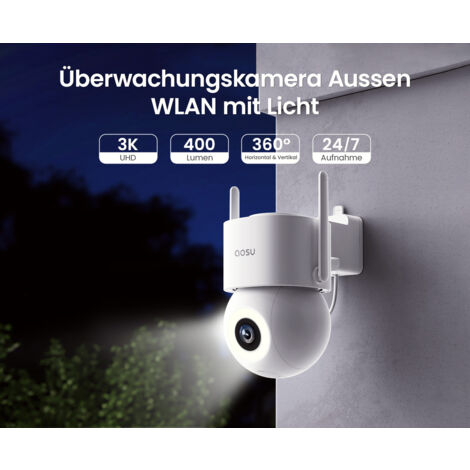 AOSU 3K 5MP Überwachungskamera Aussen,Kabel WLAN Kamera Outdoor Überwachung außen Mit 400Lm Spotlight Full Color Nachtsicht 360° PTZ Ansicht IP Kamera Outdoor, 24/7 Aufzeichnung, Fahrzeugschutz (1/5)