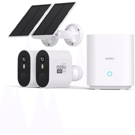 AOSU 3K Camara Vigilancia WiFi Exterior Solar con Batteria, 5MP 2 Security Camaras sin Cables, Visión Nocturna Colorida, Vista de 166°, Audio Bidireccional, Detección de Movimiento PIR, IP67