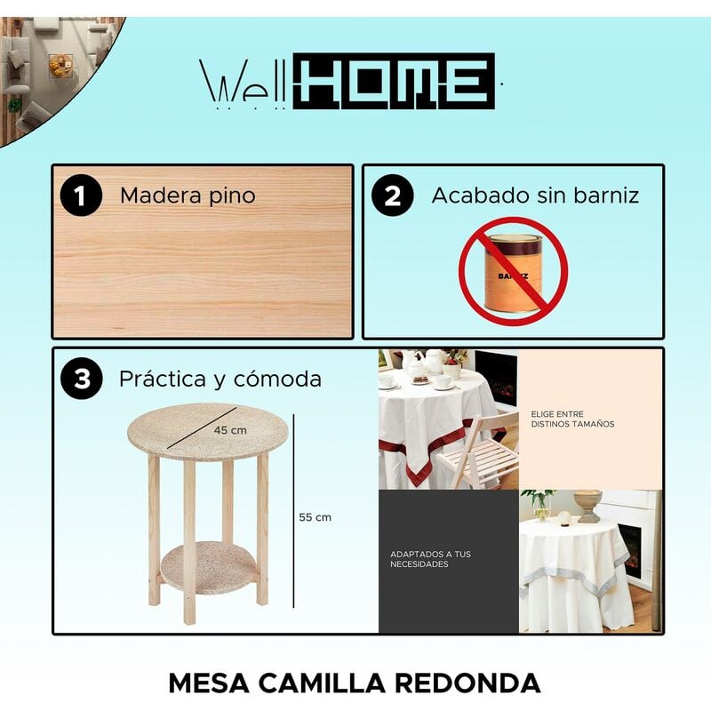 Mesa Camilla redonda de 90 (75 x 90 cm)