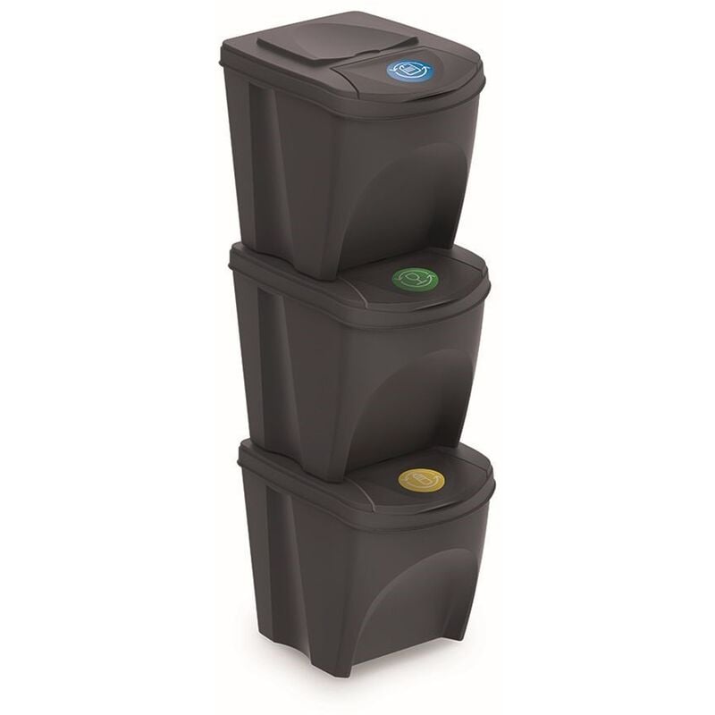 Juego de 3 cubos de reciclaje con capacidad de 75 litros de compartimento en color negro