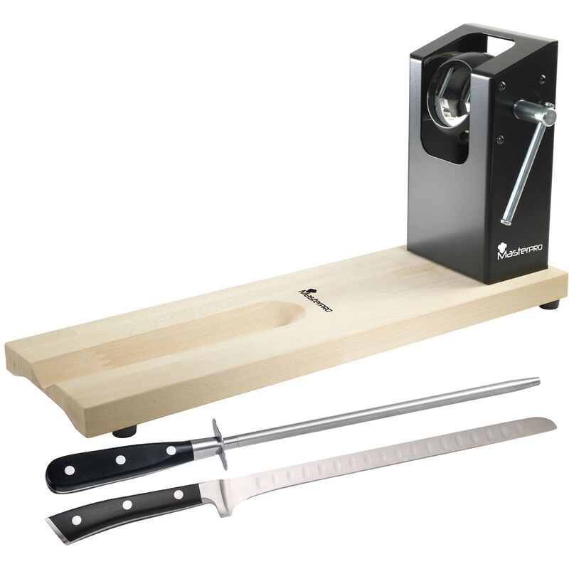 Jamonero Masterpro con afilador y cuchillo de cocina en acero inoxidable