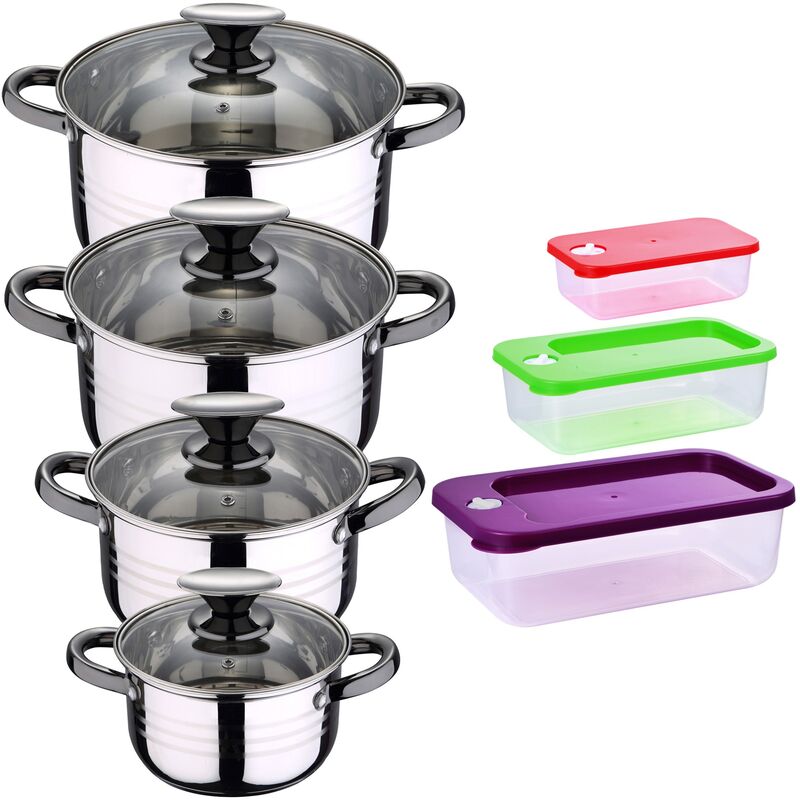 Bateria de cocina 8 piezas apta para induccion SAN IGNACIO Hita en acero inoxidable con set de 3 fiambreras hermeticas de plastico Jolie