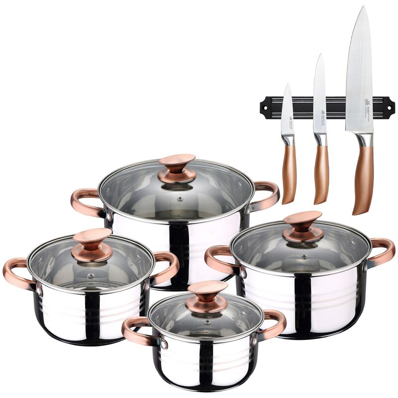 Bateria de cocina 8 piezas apta para induccion SAN IGNACIO Altea en acero inoxidable con set de 3 cuchillos en acero inoxidable con barra magnetica ap