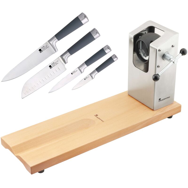 Jamonero BERGNER Masterpro 62 x 19,5 x 3,3 cm con set de 4 cuchillos de cocina San Ignacio Masterpro