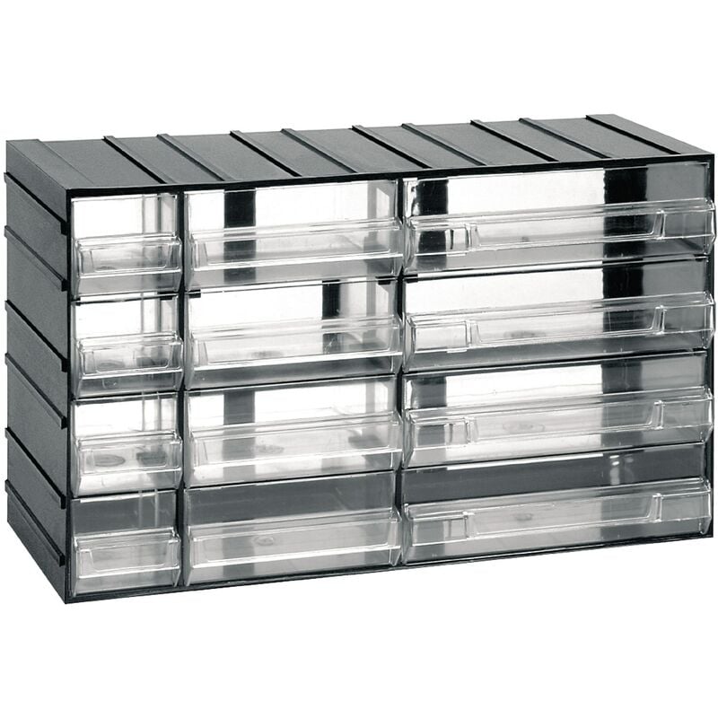 Unidad de almacenamiento modular de plástico L 382 x P 148 x H 230 mm con 4 + 4 + 4 cajones transparentes