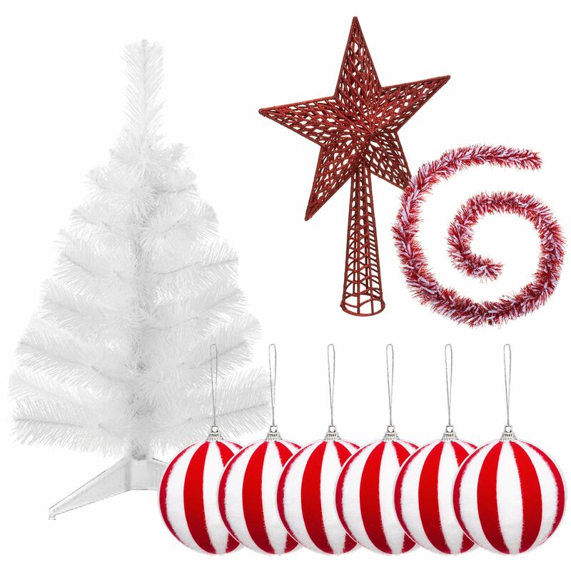 Pack decoración Navidad: Abeto blanco 70 cm con base + 6 bolas Navidad rayas blanca y roja + Estrella cresta roja + guirnalda espumillón blanca y roja