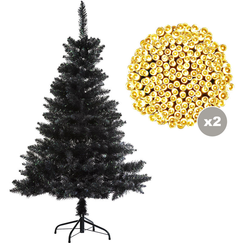 Abeto De Navidad floreciente negro 210 cm+ 2 guirnaldas 48 led para uso exterior luz blanca con