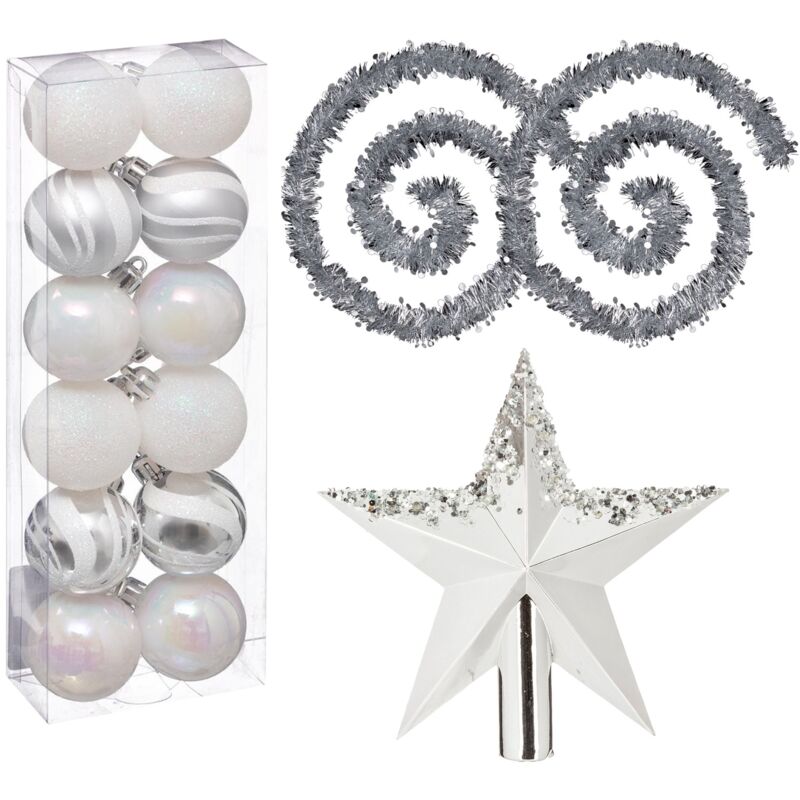 Pack decoración Navidad: Lote de 12 bolas navideñas de 40 mm. Diseño surtido + 2 Guirnaldas espumillón plata 2 m + Estrella cresta blanca con lentejue