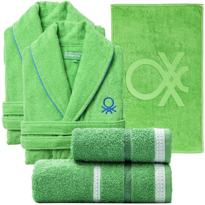 Set De Textil baño benetton verde 2xalbornoz lxl 360gsm 2 toallas 50x30cm 90x50cm 450gsm 50x80cm 750gsm 100