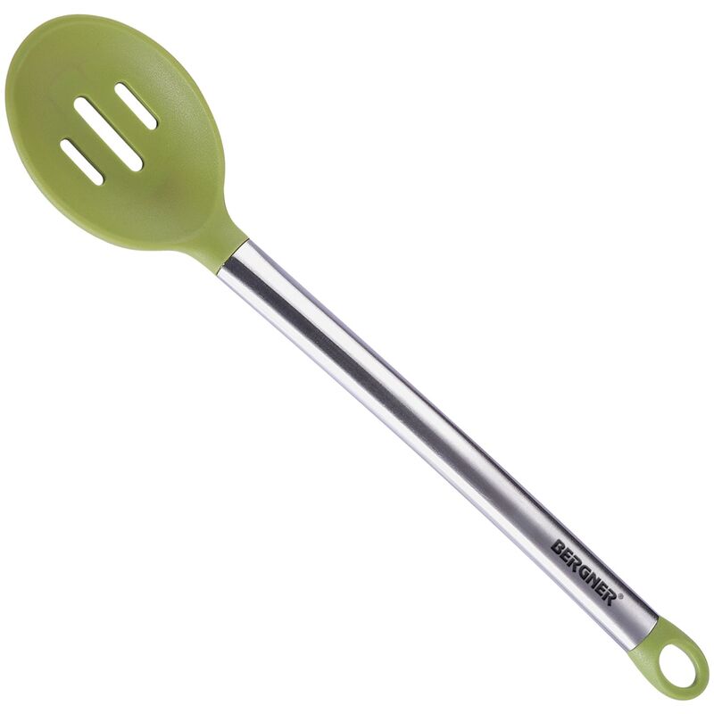 Cucharon Bergner Flexikitchen nylon y acero inoxidable ranurada verde