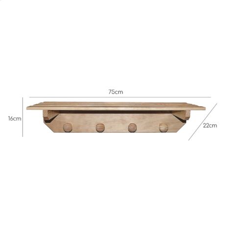 MUEBLEAR Colgador estante de 4 pomos, Madera de pino, 75x22x16 cm - sin barniz