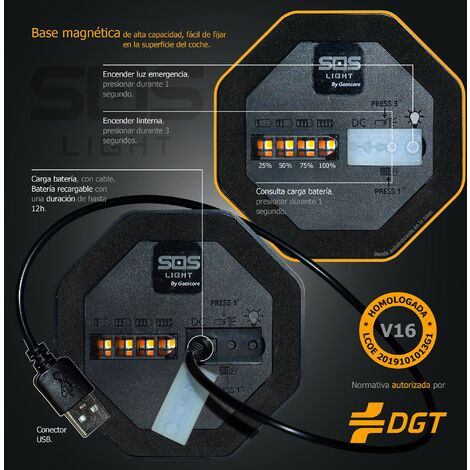 Luz Led Emergencia Coche V16 baliza Luminosa Homologada Recargable USB