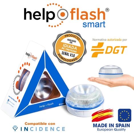 HELP FLASH - luz de emergencia AUTÓNOMA, señal v16 de preseñalización de peligro y linterna, homologada, normativa DGT, V16, con base imantada, activa