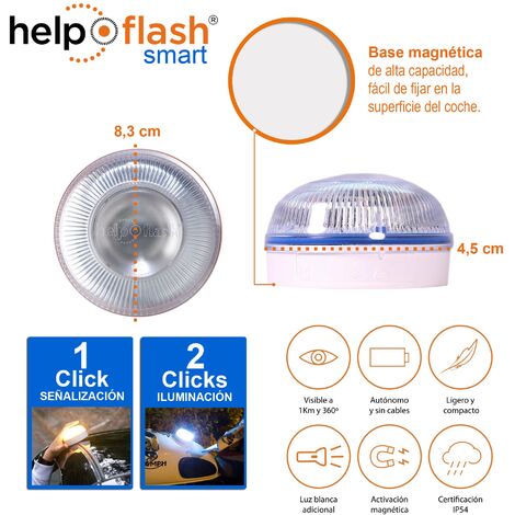 HELP FLASH - luz de emergencia AUTÓNOMA, señal v16 de preseñalización de peligro y linterna, homologada, normativa DGT, V16, con base imantada, activa