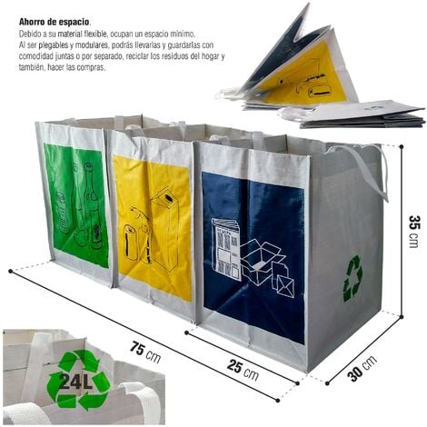 Cubo de basura para reciclaje plástico gris, Set 3 papeleras de reciclaje  75 Litros, 47,5 x 77 x 33 cm