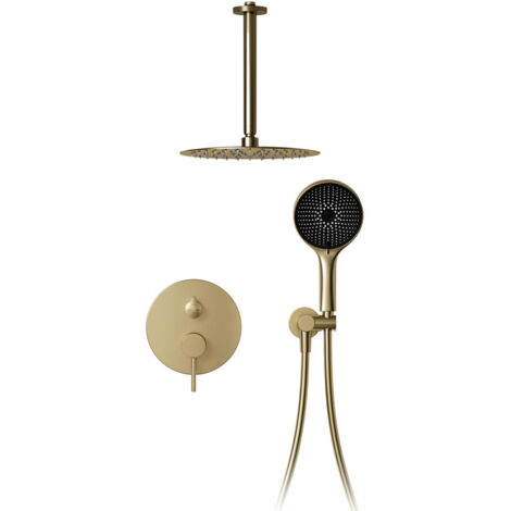 Colonne de douche,30 x 30 cm Pommeau de douche à effet pluie or brossé,Ensemble de douche pluie réglable à 360°,Douche ronde autonettoyante haute pression,Ensemble de douche avec douchette à main
